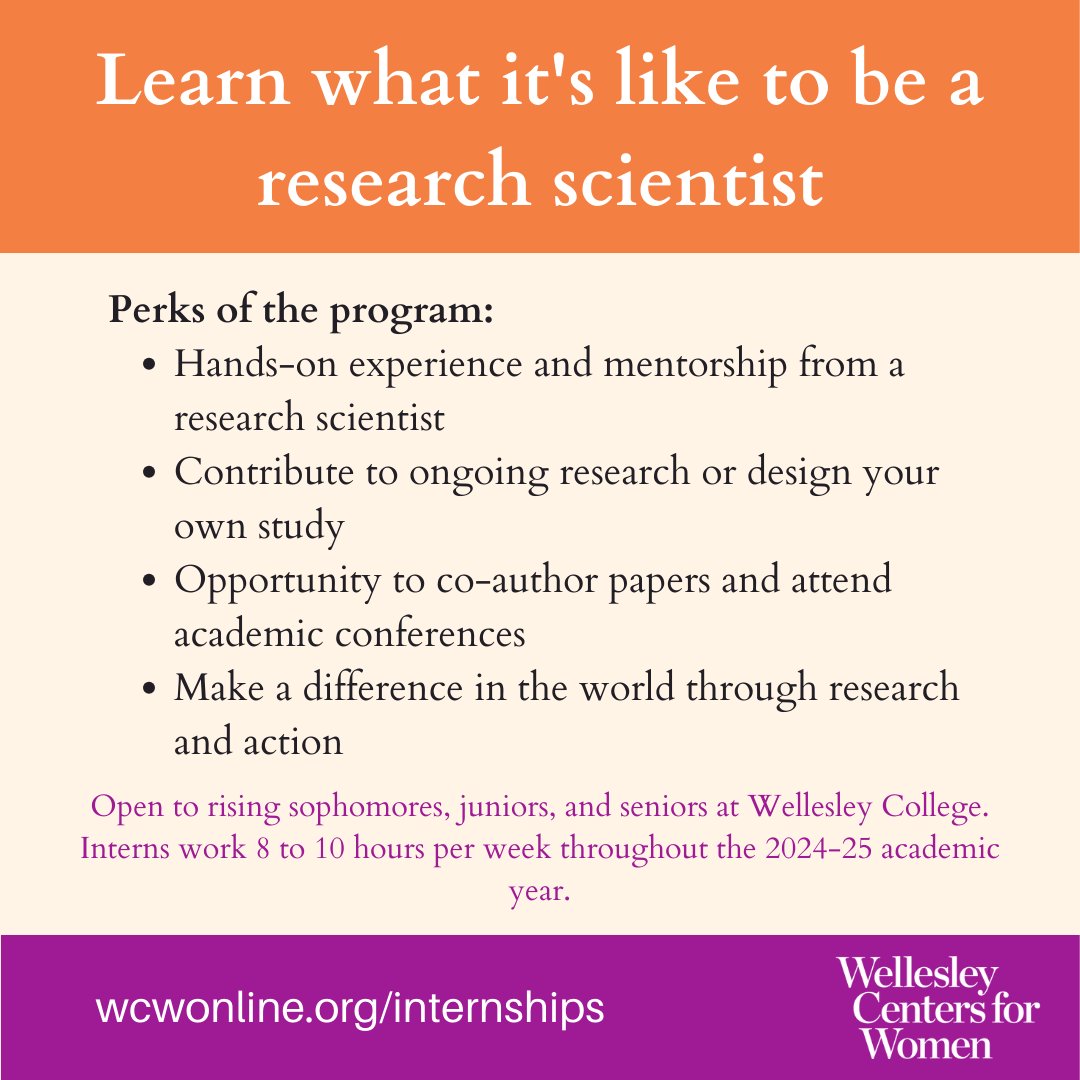 We are currently recruiting @wellesleycollege students for the Class of 1967 Internship Program at the Wellesley Centers for Women! Applications for the 2024-2025 academic year will be accepted until the positions are filled. Learn more here: wcwonline.org/internships