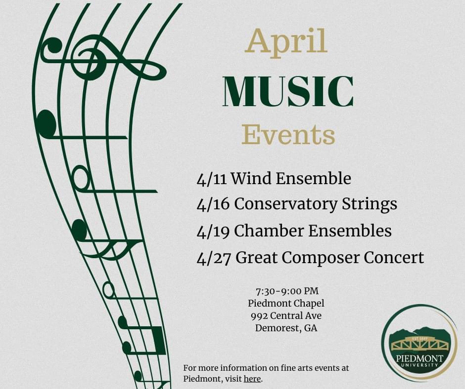 We have an exciting musical lineup this month!  Visit our Fine Arts calendar at piedmont.edu/event-category… for more information.  We hope to see you there!