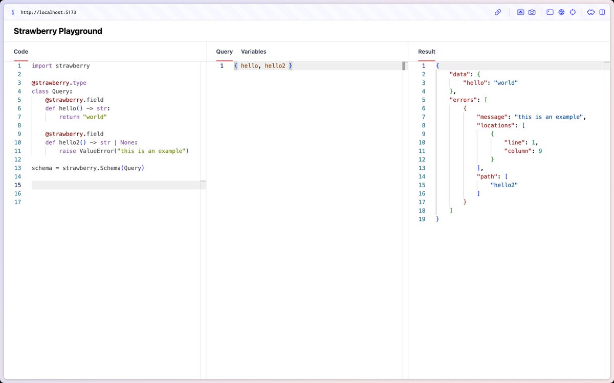 Working on a new, better playground for @strawberry_gql using Pyodide, I could have used @pyscript_dev, but I had quite a bit of code done with Pyodide already 😊 Hopefully I'll release this soon, but I want to make sure it is well polished before that