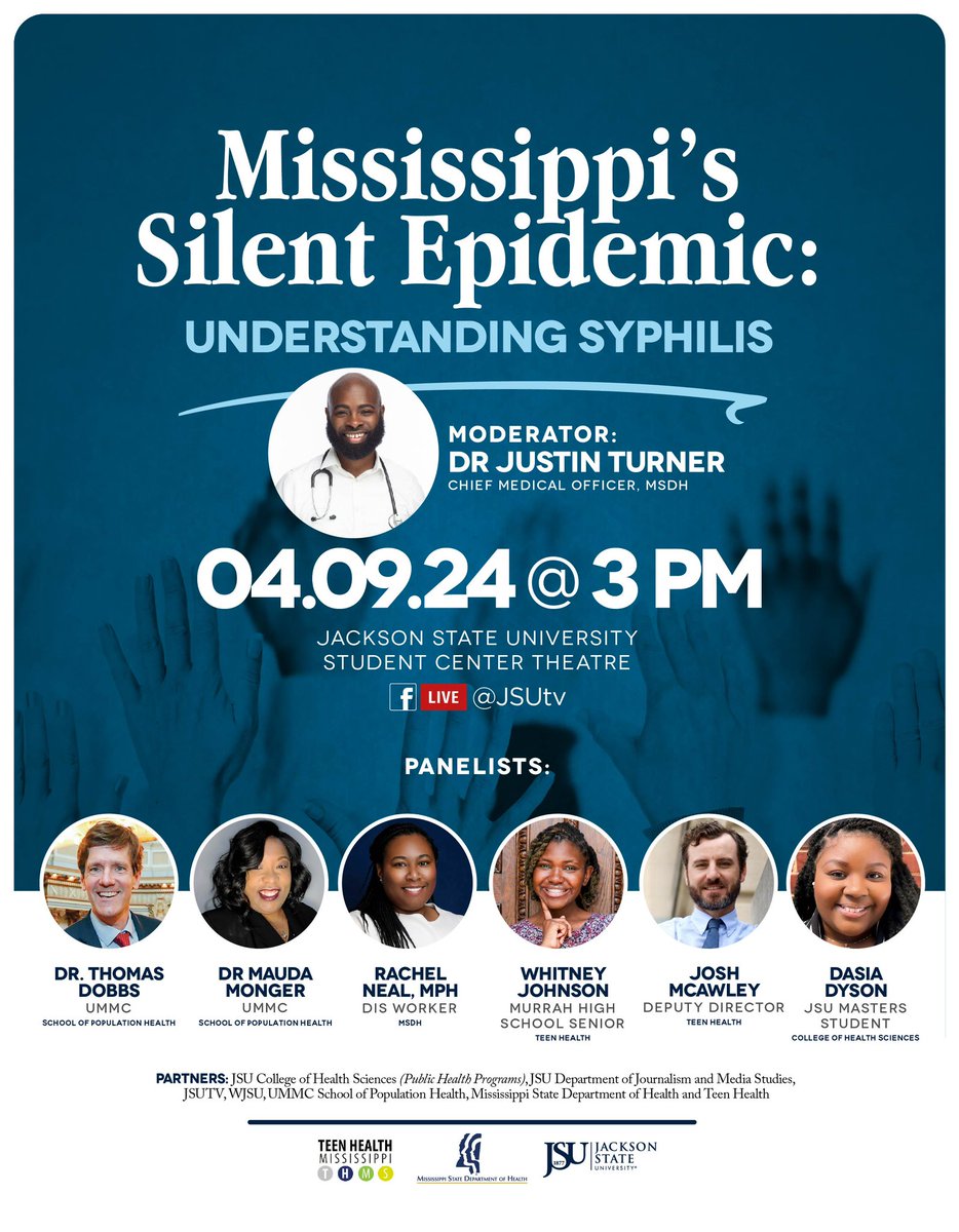 Join us Tuesday at 3 pm for a MUCH needed conversation about Syphilis! It’s the epidemic not enough people are talking about…we should NOT have babies in Mississippi dying from this treatable condition! Mississippi State Department of Health @msdh , Jackson State University…