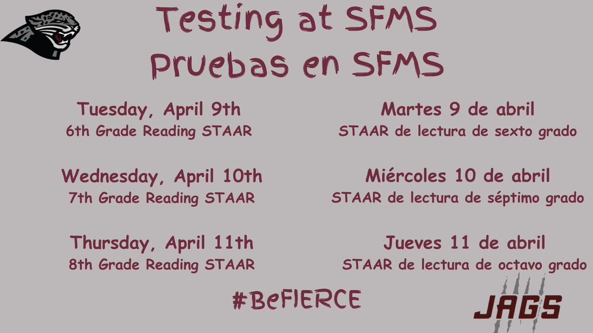 Hey Jags dont forget that STAAR testing starts this week. Always remember...you are a Jag, You are FIERCE, You are Fearless to face- this test, You've got this #LetsGoJags #BeFIERCE