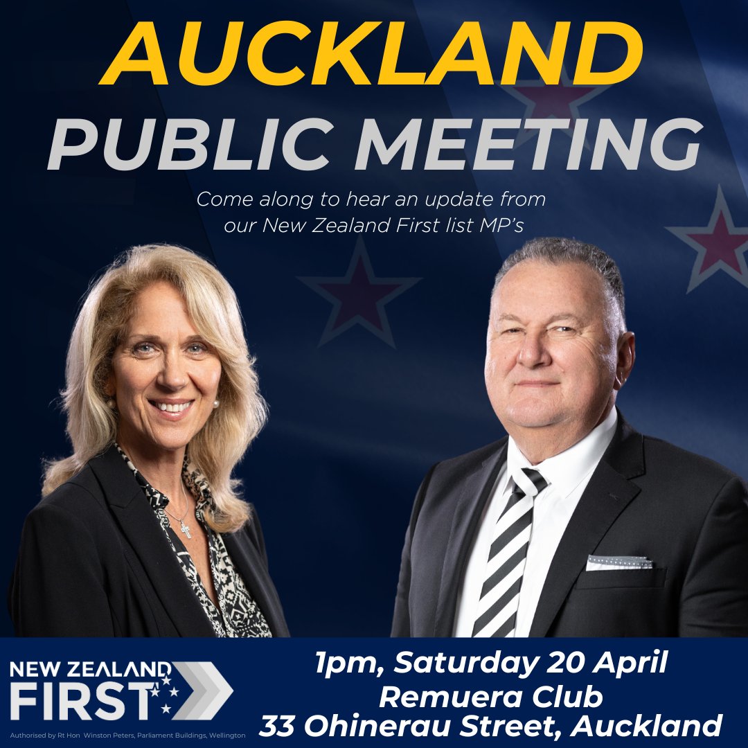 At 1pm, Saturday 20 April, Hon Shane Jones MP and Tanya Unkovich MP will be holding a public meeting at the Remuera Club to provide updates on our progress, meet supporters, and hear the public’s concerns. For planning purposes, please RSVP below. nzfirst.nz/auckland-april…