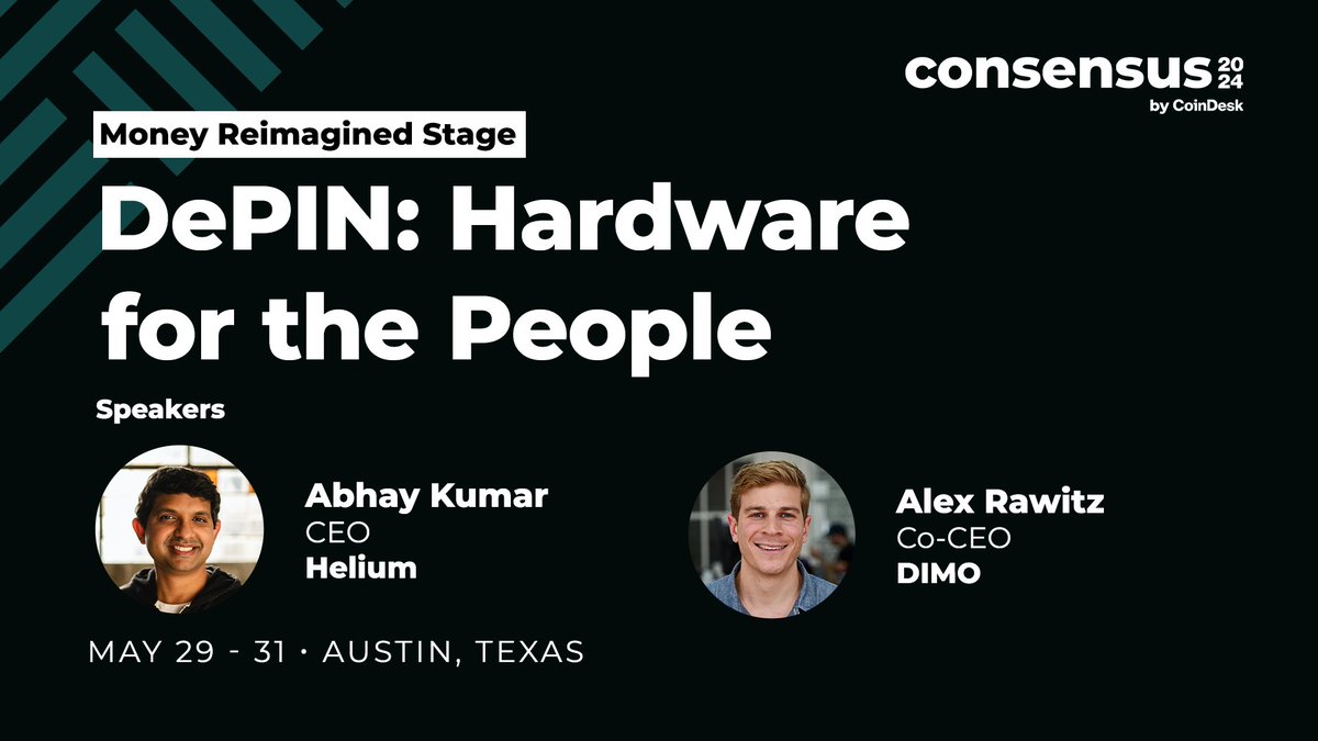 Breaking Big Tech's hold with crypto? It's happening. 💡 DePIN has emerged as one of crypto's most promising niches this year. Join @HeliumFndn CEO @abhay and @DIMO_Network co-founder @alexsrawitz at #Consensus2024. Explore all our programming: consensus2024.coindesk.com/agenda/event/-…