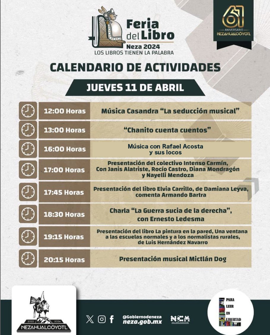 📚Feria del libro en a Nezahualcóyotl del 10 al 14 de abril, en la explanada del H. Ayuntamiento 📚 @GobNeza @Adolfo_Cerqueda @SinEmbargoMX @MemeYamelCA @AlinaDuarte_ @LaChicaDeNeza @DanyBarraganG @FCEMexico @eledesmaa @lhan55 @RompevientoTV @LaJornada @rafaelacostaof