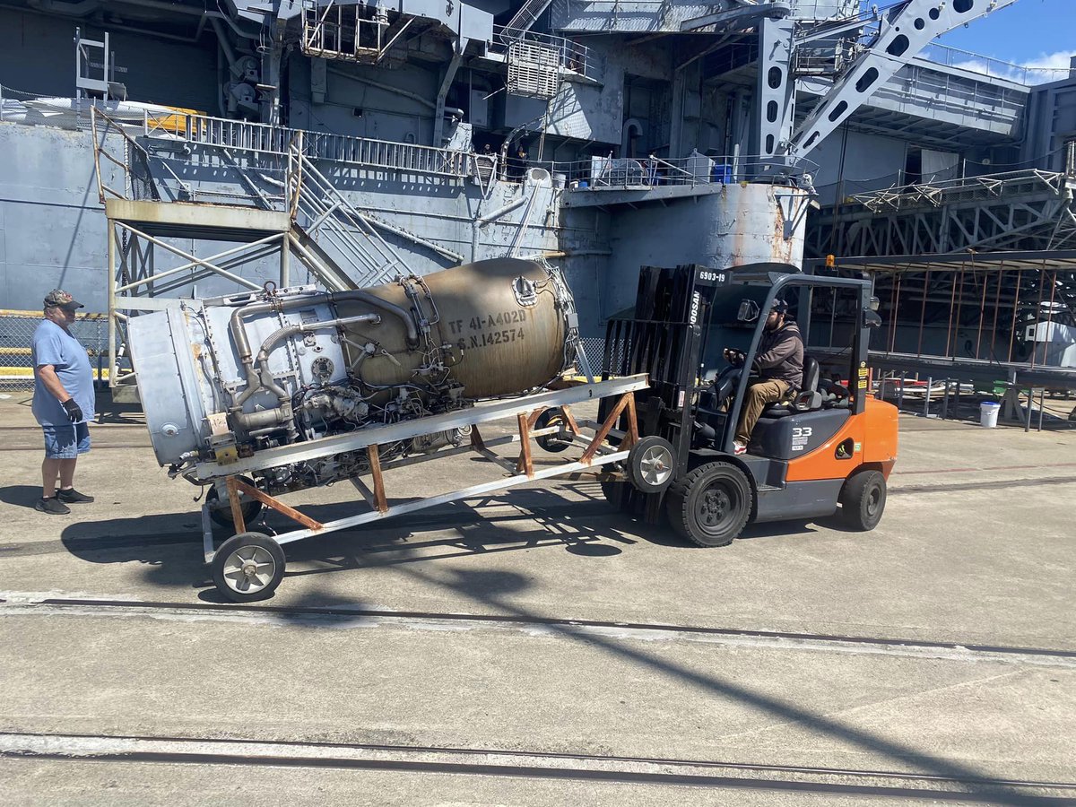 HornetMuseum's tweet image. The USS Hornet took delivery of an Allison TF41 turbofan engine from an A-7 Corsair II. This is on loan from the National Naval Aviation Museum.  Full exhibit in development. #usshornet #usshornetmuseum #jetengine #navalaviation