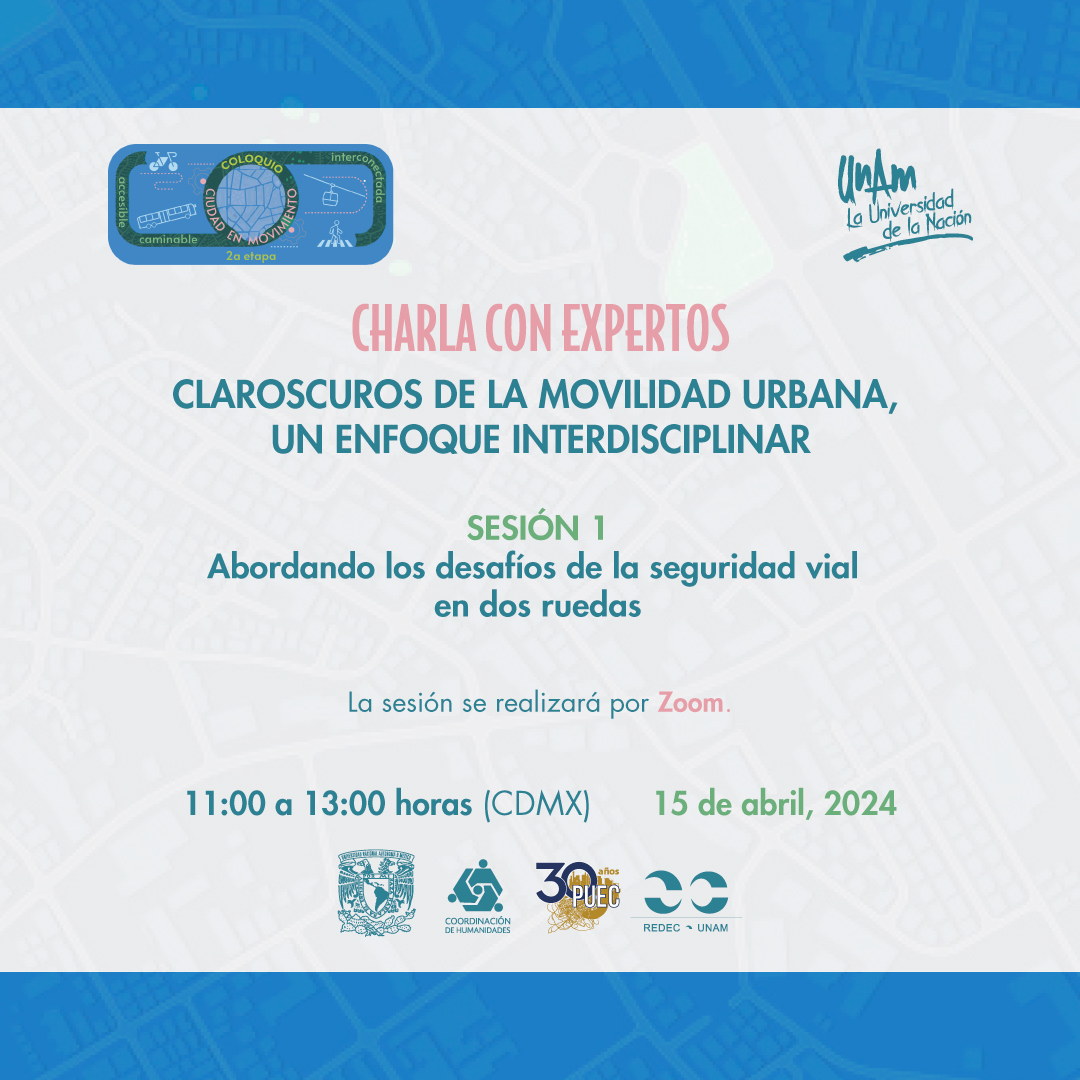 Como parte del Coloquio Ciudad en Movimiento, junto con @PUEC_UNAM te invitamos al segundo ciclo de charla con expertos 'Claroscuros de la movilidad urbana, un enfoque interdisciplinar'. 📅15 de abril. 🕒11:00 a 13:00 h. ✅Más info: bit.ly/Claroscuros_mo… ¡Te esperamos!