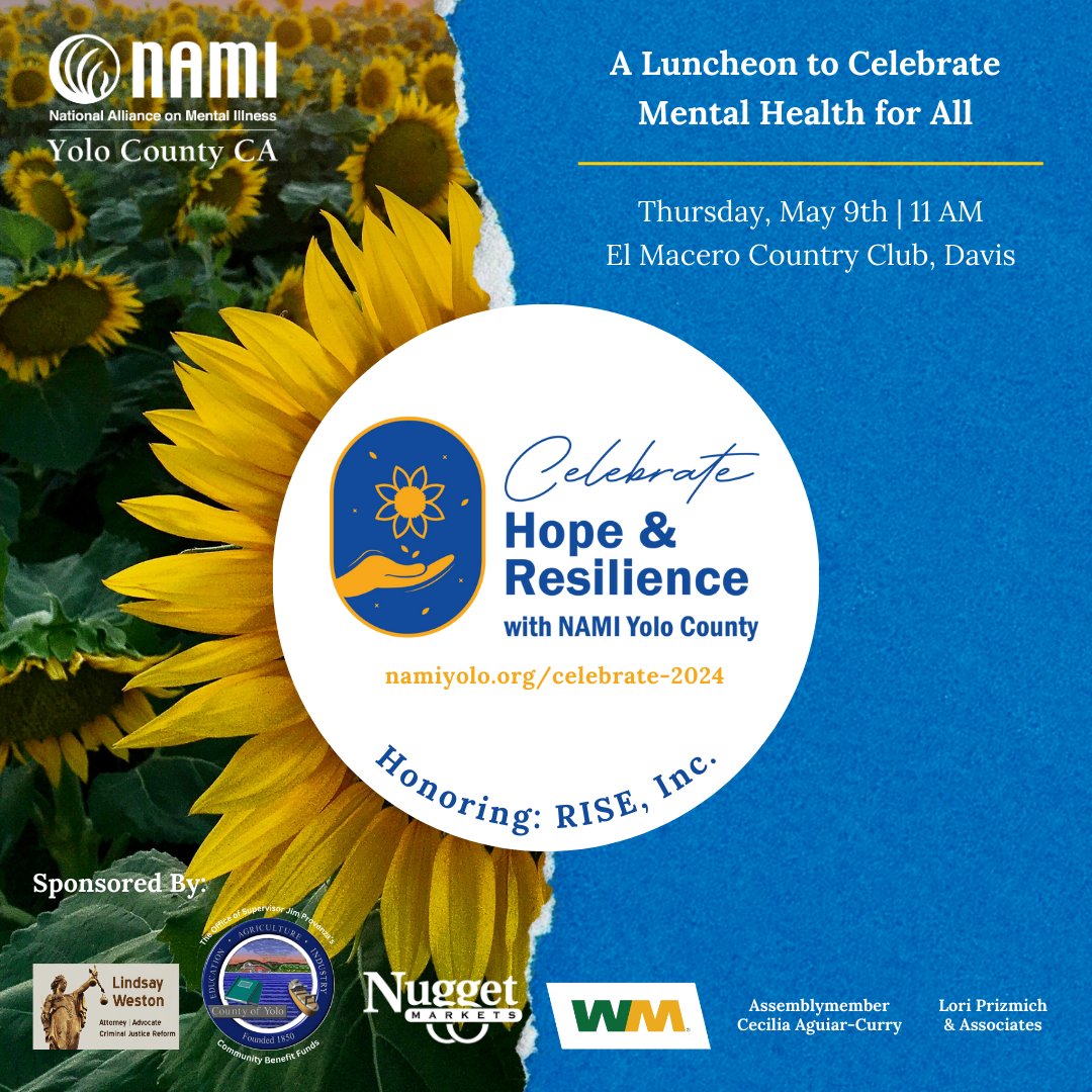 We are one month away from Celebrate Hope & Resilience 2024 - Buy your ticket today before they're gone! 🎟️

namiyolo.org/celebrate-2024

📍Join us on Thursday, May 9th at 11:00AM at the El Macero Country Club in Davis

#NAMIYoloCounty #CHR2024 #MentalHealth4All