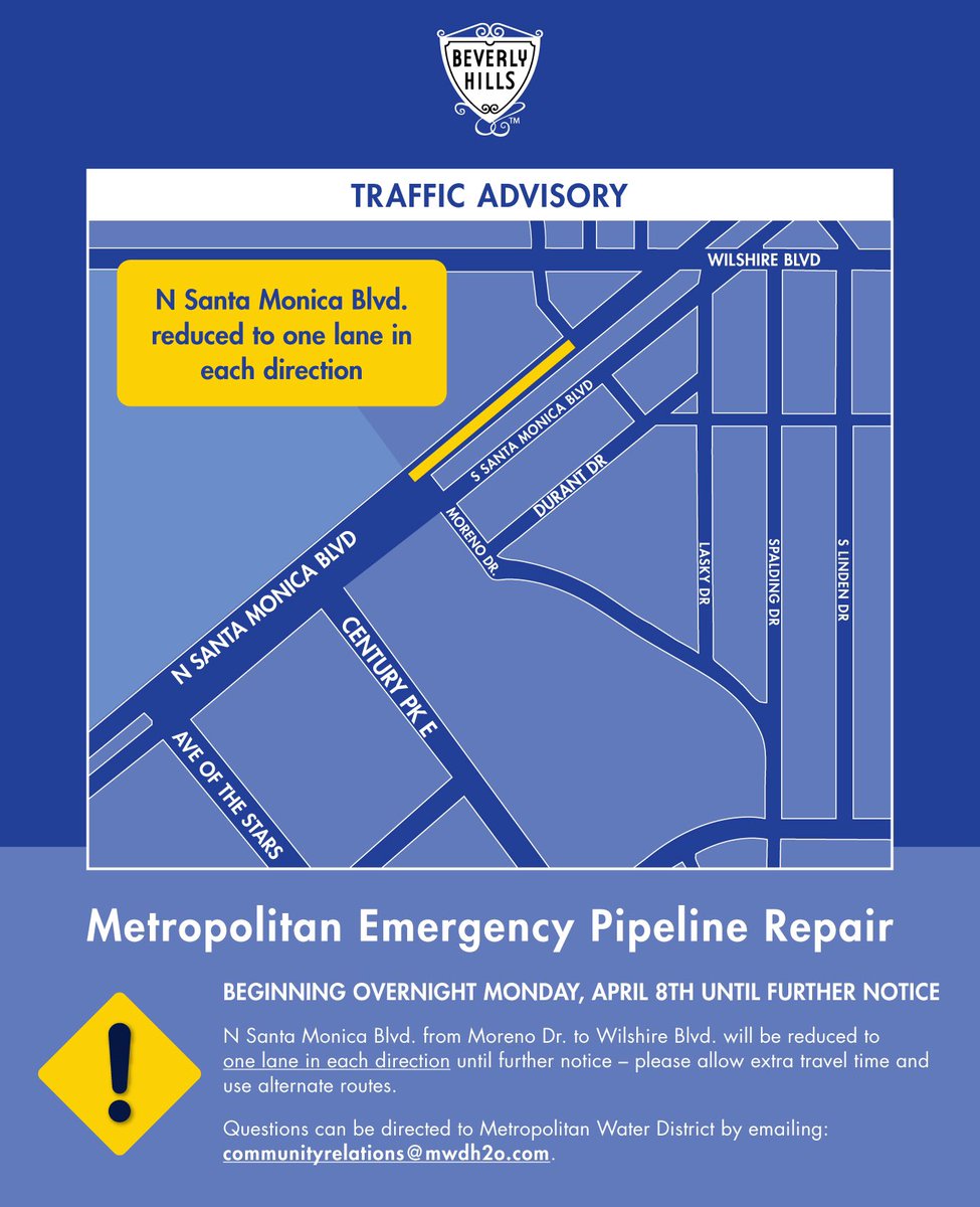 ⚠️Traffic Advisory: Urgent repair on key water pipeline to impact traffic in Beverly Hills: tinyurl.com/4bdxe2jy
