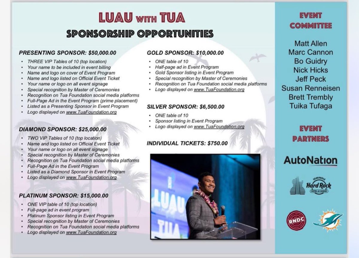 Not a huge #dolphinstwitter guy here... But I do need the fandom's help: I have an extra ticket available for this Thursday's Luau with Tua! Ticket value is $650, and I'd like to give it away for free to a huge Tua fan to sit at the table with me, my sons, and 6 other guests.…