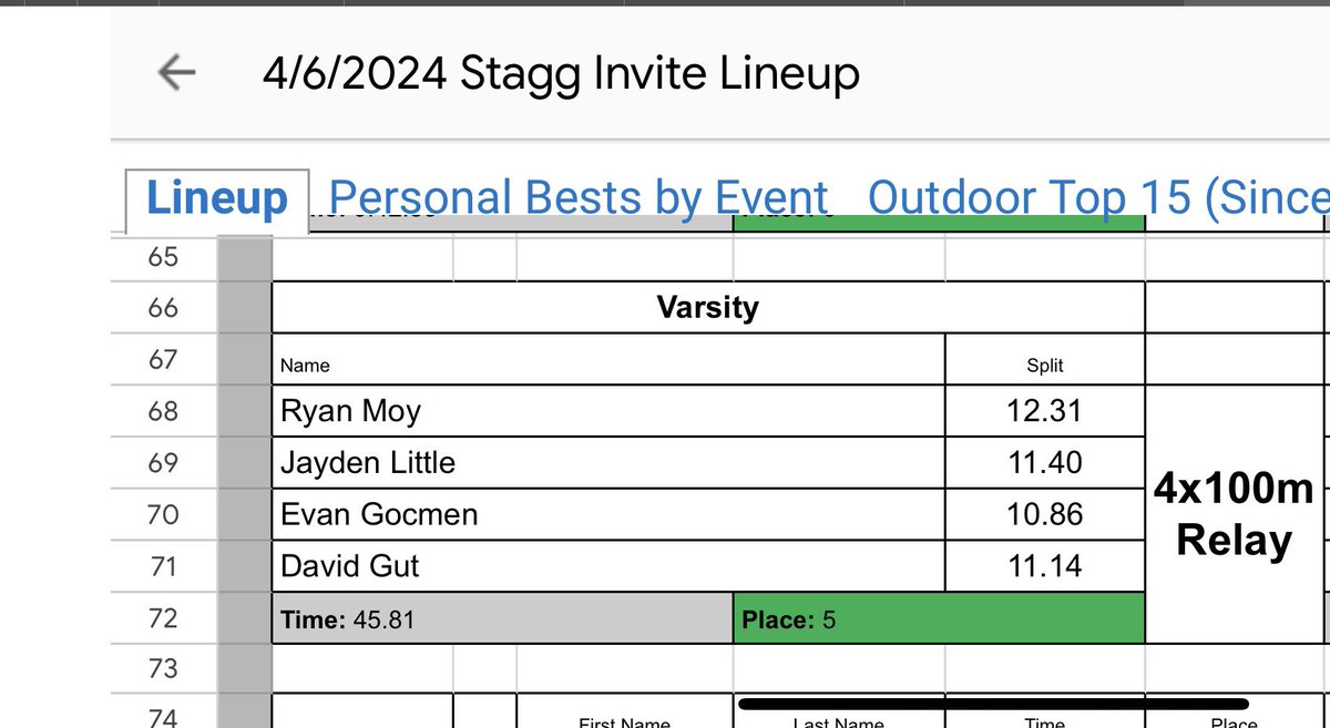 10.86 4x100m split time