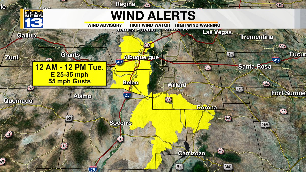 A cold front spills into the Rio Grande Valley tonight bringing easterly wind gusts up to 55 mph as you're heading out the door Tuesday morning. Winds die down Tuesday afternoon. @krqe #NMwx