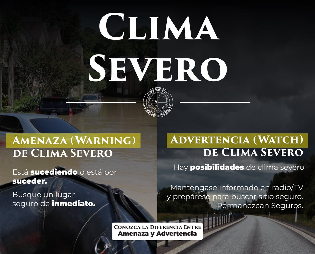 ¿Conoce la diferencia entre una Amenaza y una Advertencia de clima severo? Con las tormentas severas que afectan a Texas esta semana, ¡asegúrense de saber la diferencia entre una Advertencia y una Amenaza! Conozcan La Diferencia, Pudiera Ayudarles A Mantenerse a Salvo⬇️⬇️⬇️