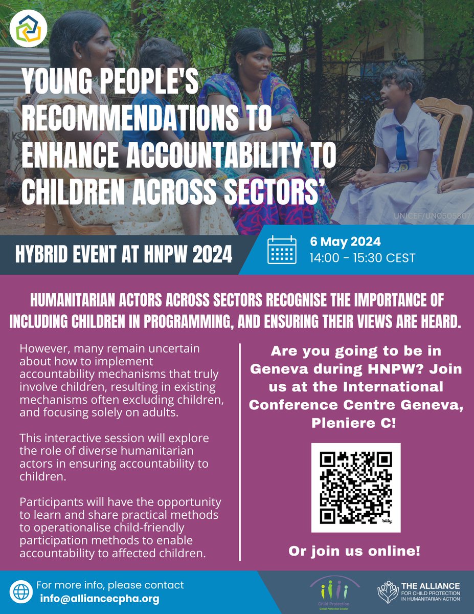🌍 Join us at the #HNPW2024! 🤝Ensuring children's views are heard is vital in humanitarian work. But how can you truly involve them? Join our session to learn more: 📅 6 May 📍 Online & in-person 📝 Register here: bit.ly/3UaJzU3 #Accountability #ChildParticipation
