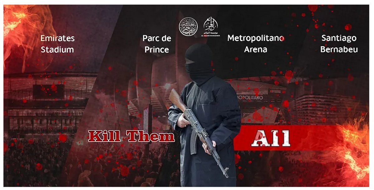 La organización terrorista Estado Islámico, a través de su fundación Al Azaim, ha difundido un cartel en el que amenaza los estadios de fútbol de Londres, París y Madrid, para los cuartos de final de la #UEFAChampionsLeague. #NoAlTerrorismo