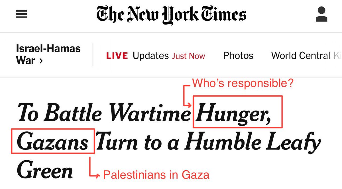 Again, the difference in framing is intentional.

Compare a 2022 NYT headline about Russia starving Ukrainians to two recent headlines about Israel starving Palestinians in Gaza.