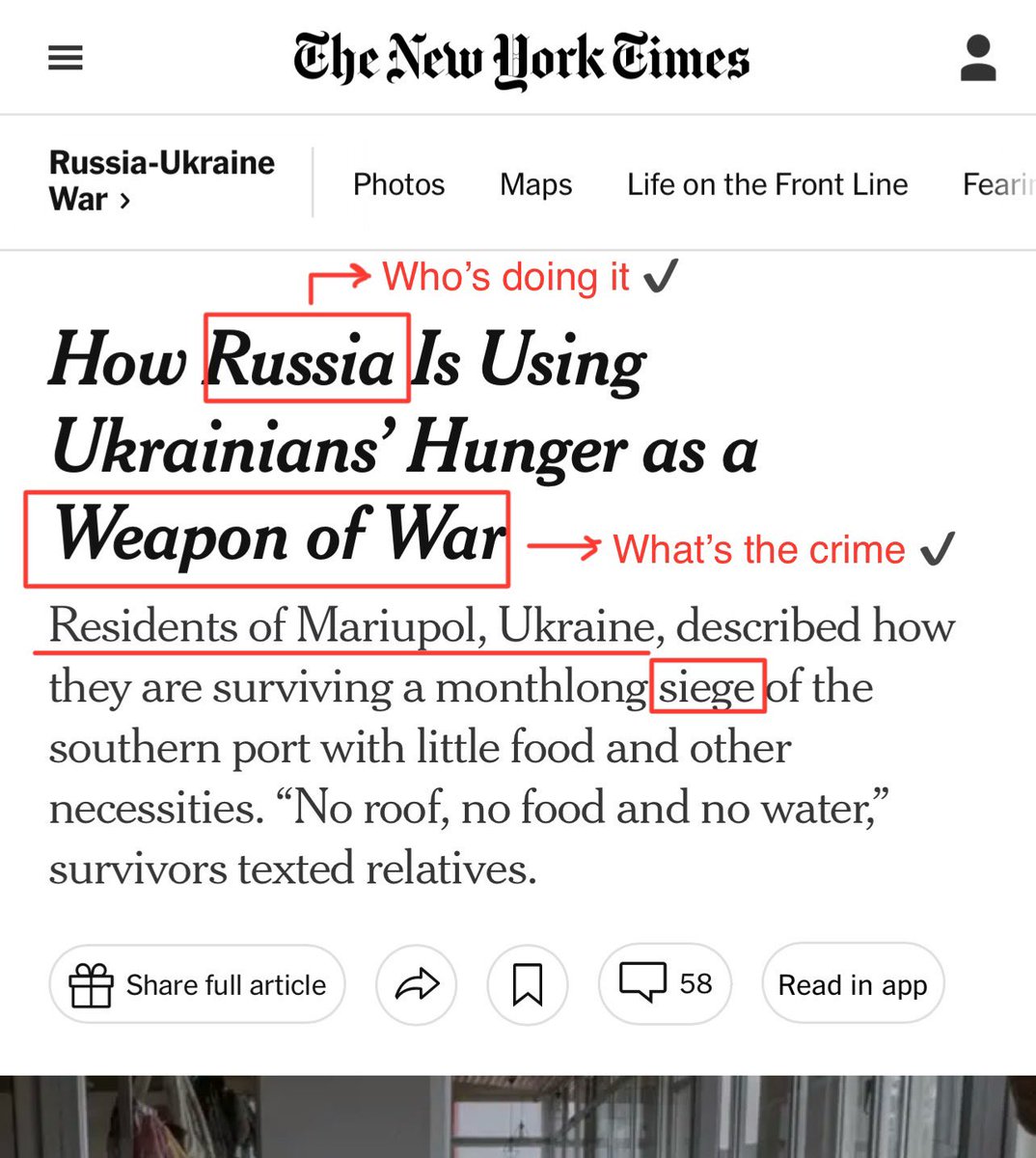 AssalRad's tweet photo. Again, the difference in framing is intentional.

Compare a 2022 NYT headline about Russia starving Ukrainians to two recent headlines about Israel starving Palestinians in Gaza. https://t.co/WuoHukhXFc