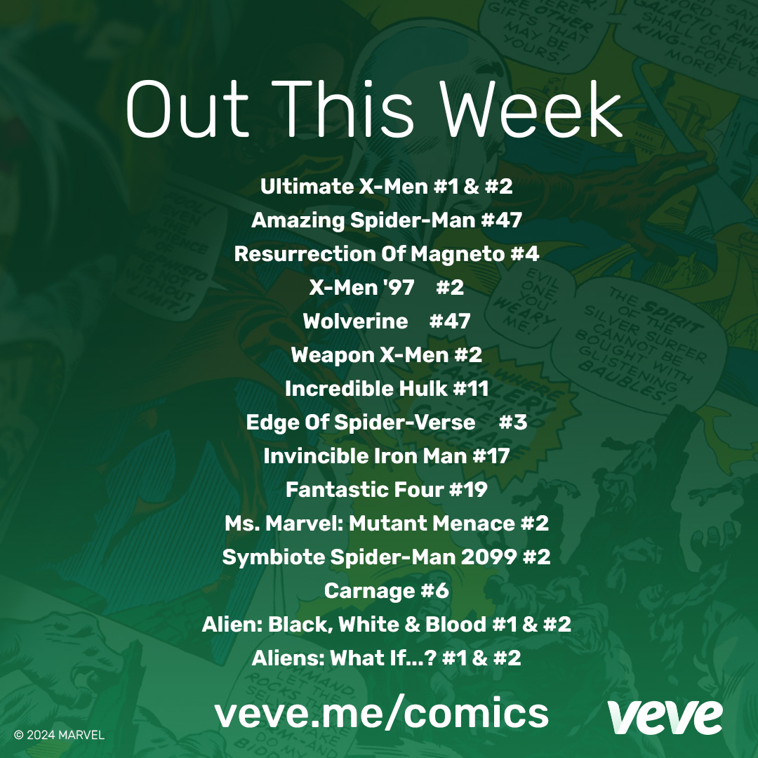 🚨 18 NEW comics releasing Wed, 10 April at 12 AM PT on #VeVeComics!

New titles have a total of 1,000 Limited Editions each. 1,500 Limited Editions for each of the following:
Ultimate X-Men #1 & #2
X-Men ‘97 #2
Alien: Black, White & Blood #1 & #2
Aliens: What If...? #1 & #2