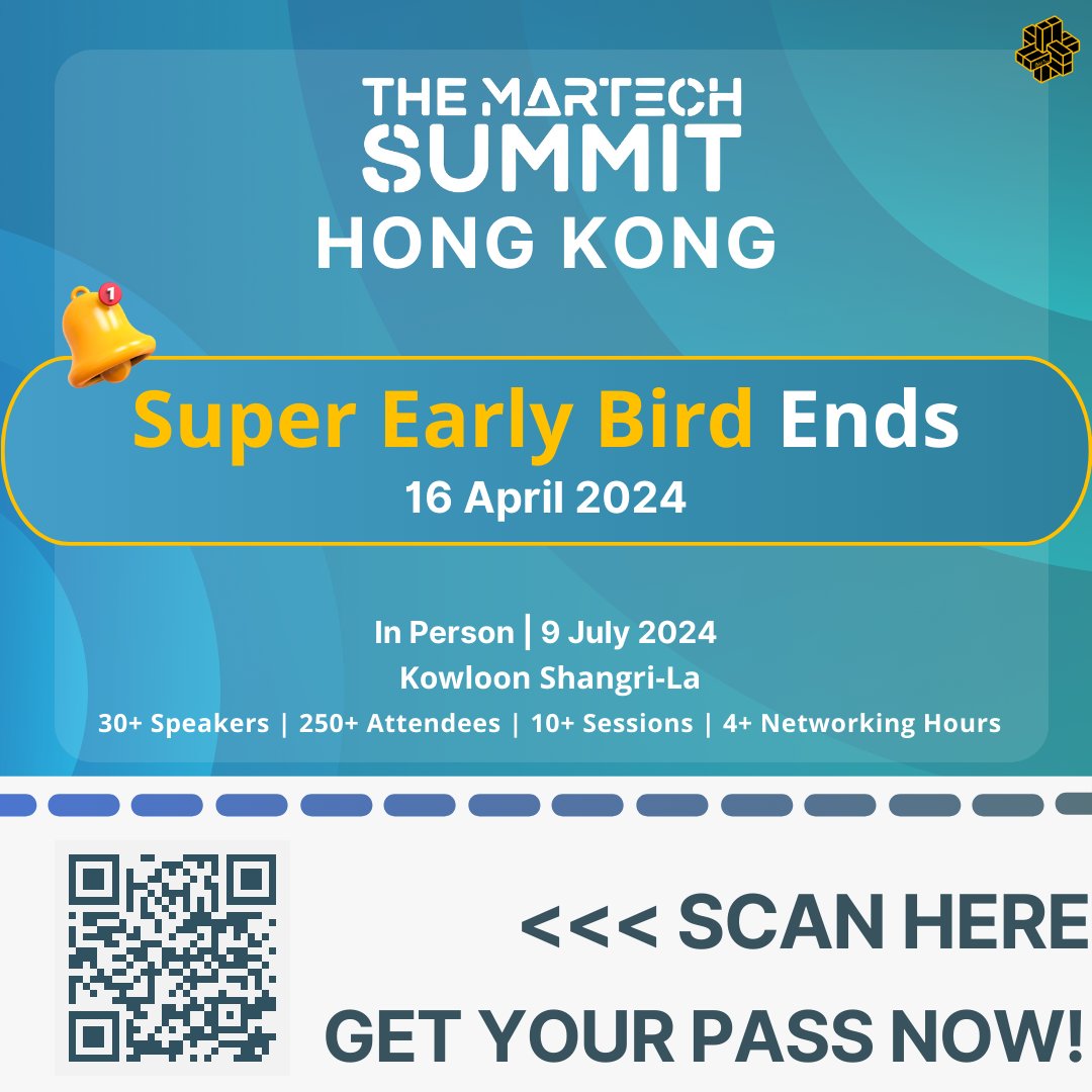 The MarTech Summit Hong Kong - Super Early Bird pricing ends next week! Join us on 9 July at Kowloon Shangri-La and explore all the latest MarTech trends with 30+ speakers, 250+ MarTech professionals and 4+ networking hours 🙌 🐦 Save 40% on your pass: themartechsummit.com/hongkong-regis…