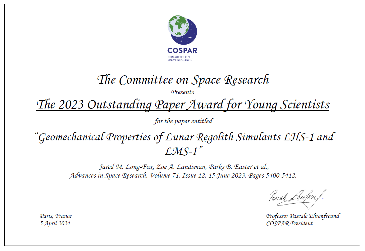 JaredLongFox's tweet photo. I am honored to share that a paper that we published in Advances in Space Research was awarded the 2023 Outstanding Paper Award for Young Scientists by @CosparHQ! This wouldn't have been possible without @z_landsman, @AstroEaster, @astrocatherinem, and Daniel Britt. https://t.co/XtuZq0aG5o