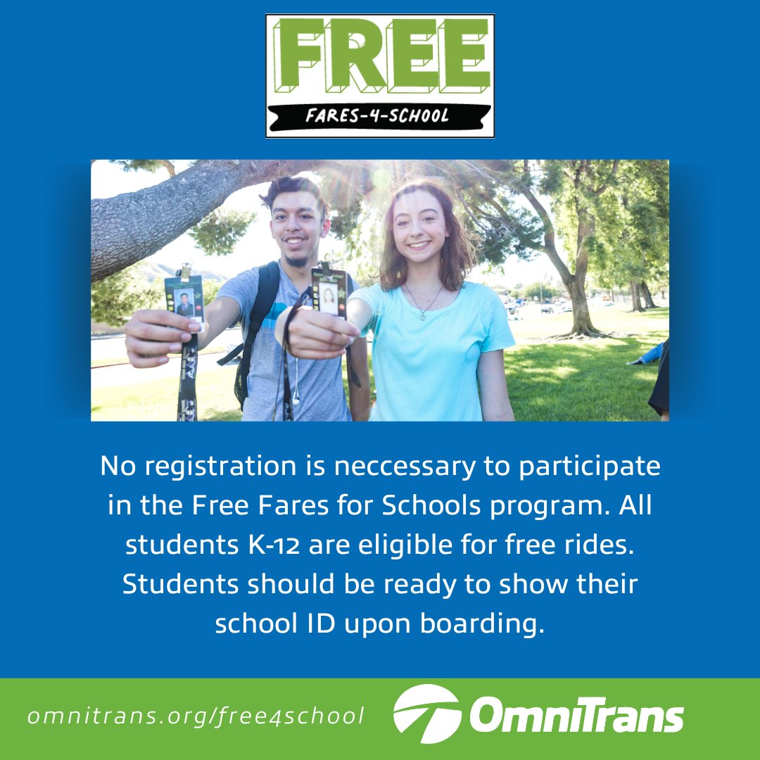 RUSD has partnered with @Omnitrans to provide FREE rides for K–12 students. 🚐🆓 Students can board the bus for free by showing their student ID. To learn more visit omnitrans.org/buy-a-pass/fre… or contact RUSD Transportation Services at 909-820-7862.