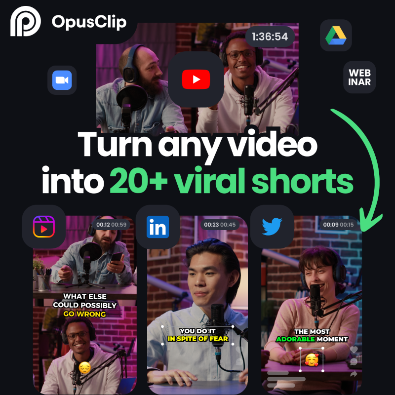 OpusClip's tweet photo. "OpusClip AI turns any long video into viral shorts &amp; posts them directly to your company's social accounts." 
🎙Podcasts &amp; Interview-style videos
🤳 YouTube videos
🖥 Zoom meetings / webinars
🔥 Marketing videos
The list goes on… 

Don't sleep on this - Try Opus Clip.