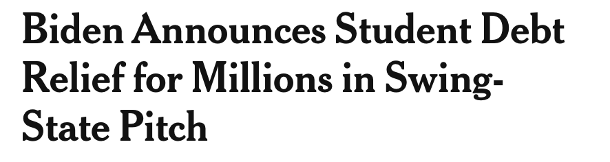 I don't think it makes much of a difference politically because swing voters in the Milwaukee suburbs are unlikely to be Times readers. But if you read the Times headlines, Trump's new abortion position is based on conviction while Biden's student loan relief is pure politics.