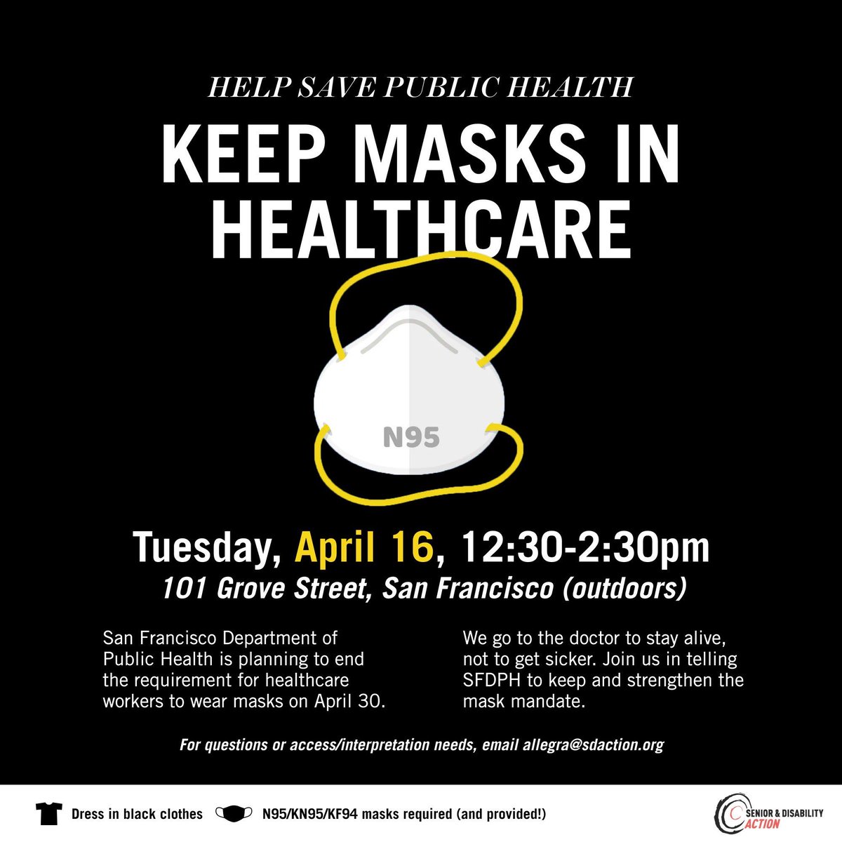 🚨 Bay Area — @SF_DPH will stop protecting patients in healthcare next month. Pls consider joining this action on 4/16 to protest. Mine & millions of lives were destroyed by an infection, & anyone pretending this policy will not result in more harm, has no place in healthcare.
