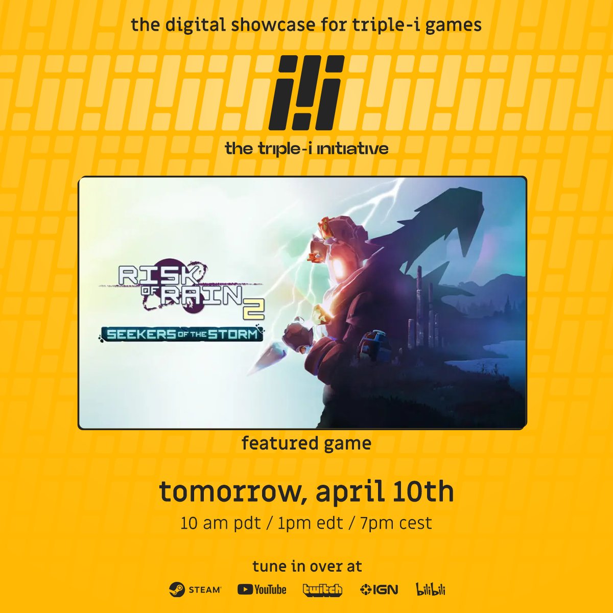 Just a mere 24 hours to go until the @iii_initiative! It's the place to be to catch a ton of exclusive indie gaming reveals including a sneak-peak for Risk of Rain 2 👀 See you tomorrow April 10th at 10AM PDT! More info: iii-initiative.com