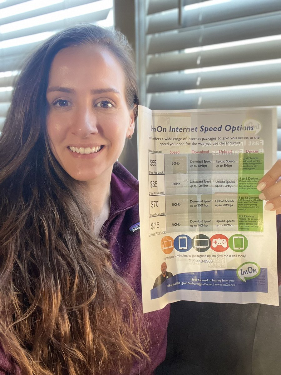 Met Josh today and FINALLY made the switch to <a href="/ImOn_Comm/">ImOn Communications</a> after years of headaches with my old provider. If you want to make the switch too, let me know, happy to put you in touch with this nice salesperson 🛜 

So excited to get connected with a company that invests in CR 🏒 🥅