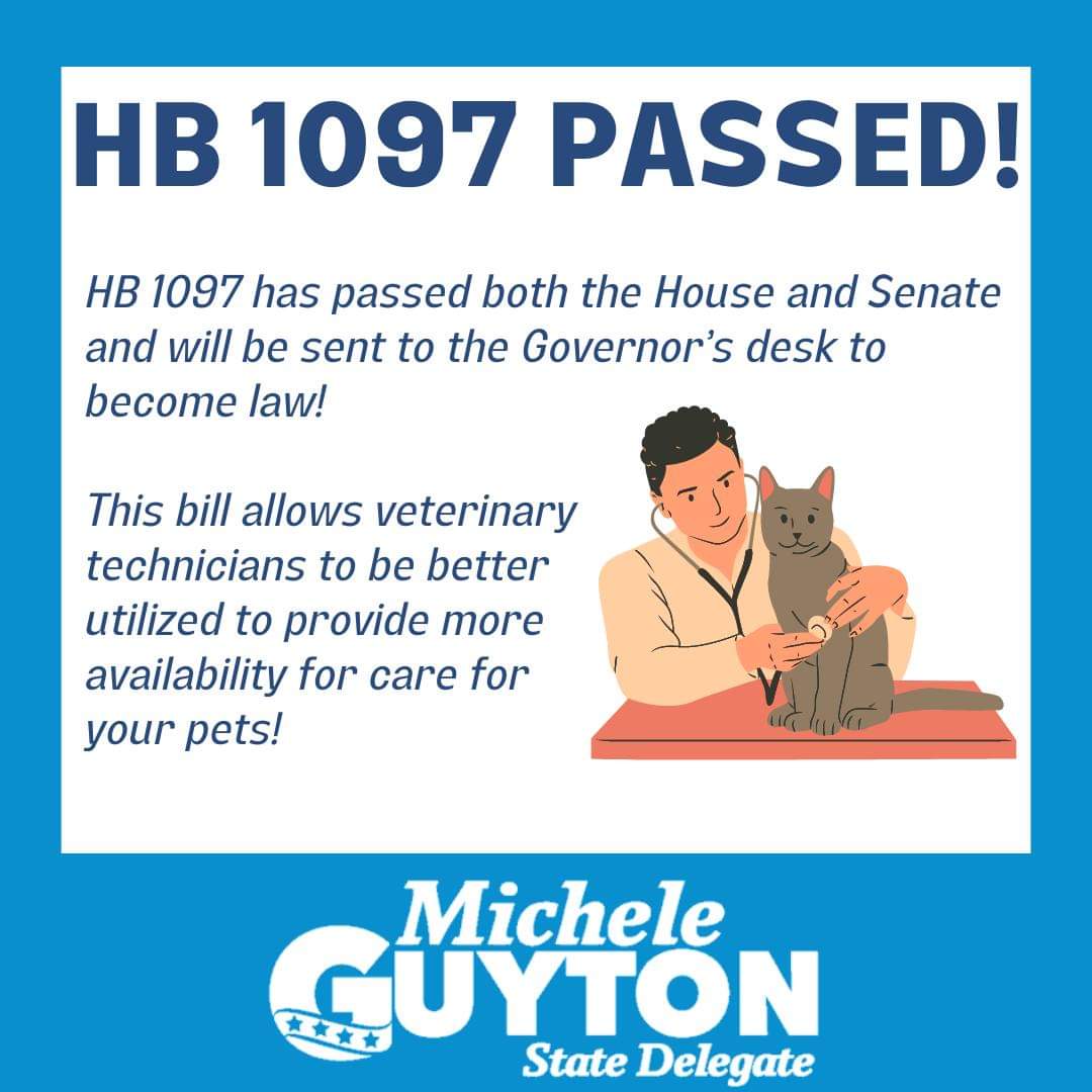HB 1097 passed!!! I have to thank my incredible policy director Caitlin Klimm-Kellner for all her hard work on my package of veterinary bills, also including HB 647 and HB 171