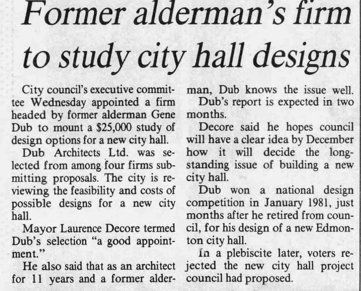 April 9, 1987 and A Former Alderman's Firm To Study City Hall Designs at Vintage Edmonton: vintageedmonton.com/2024/04/april-… #yeg #yeghistory #yegheritage #edmonton #1980s #GeneDub