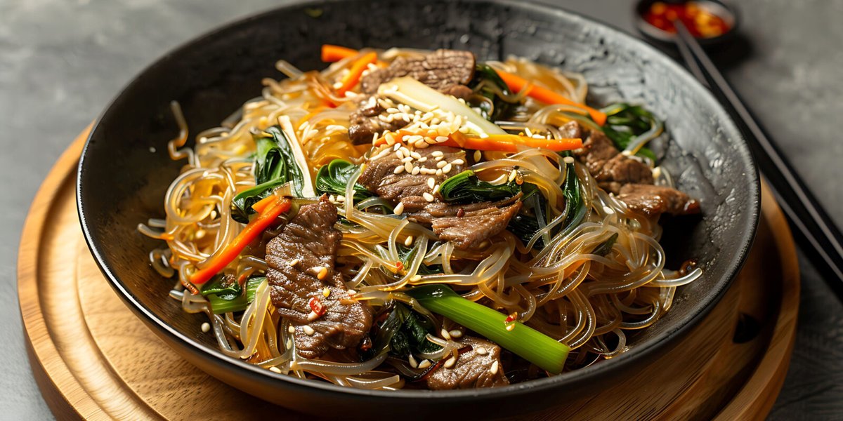 I love cooking Korean food, especially dishes like japchae, made with sweet potato starch noodles and a dozen vegetables, some meat if you care to, and a simple seasoning blend of soy sauce, sugar, and toasted sesame oil. andrewzimmern.com/recipes/japcha…