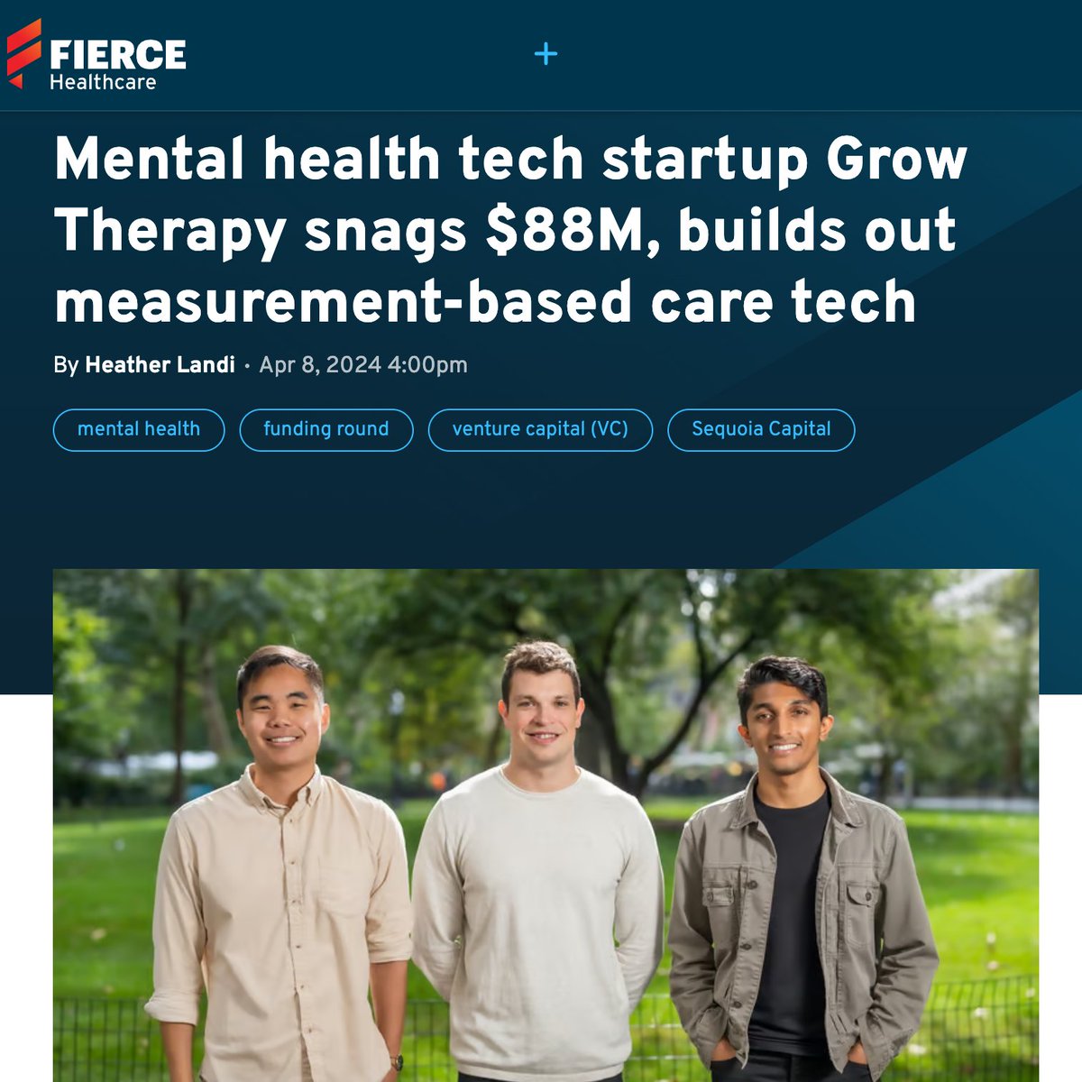 We need a revolution in access to mental healthcare, and @GrowTherapy_ is going to power it. Grow helps 12K+ therapists run their own practices with visits covered by insurance @SignalFire led its A and now it's raised $88M from Sequoia! fiercehealthcare.com/health-tech/me… tip @Techmeme