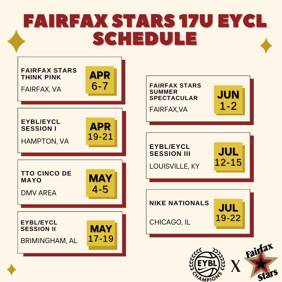 Here's my AAU travel schedule with Fairfax Stars 17u EYCL!