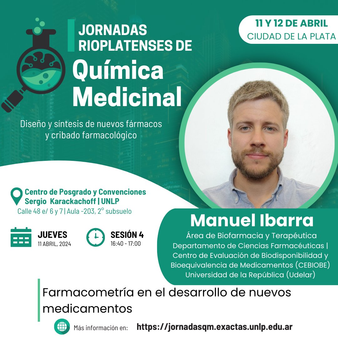😊 Falta muy poco para encontrarnos!  Te presentamos a quienes nos van a acompañar con sus charlas.
👉El Dr. Manuel Ibarra <a href="/MIbarraUy/">Manuel Ibarra</a>  del <a href="/ByT_Udelar/">Biofarmacia y Terapéutica - FQ</a>

presente en las jornadas!
+info en nuestra bio #IJRQM #quimicamedicinal
<a href="/exactas_UNLP/">Exactas | UNLP</a>

#CEDECOR
<a href="/LIDeB_UNLP/">LIDeB</a>