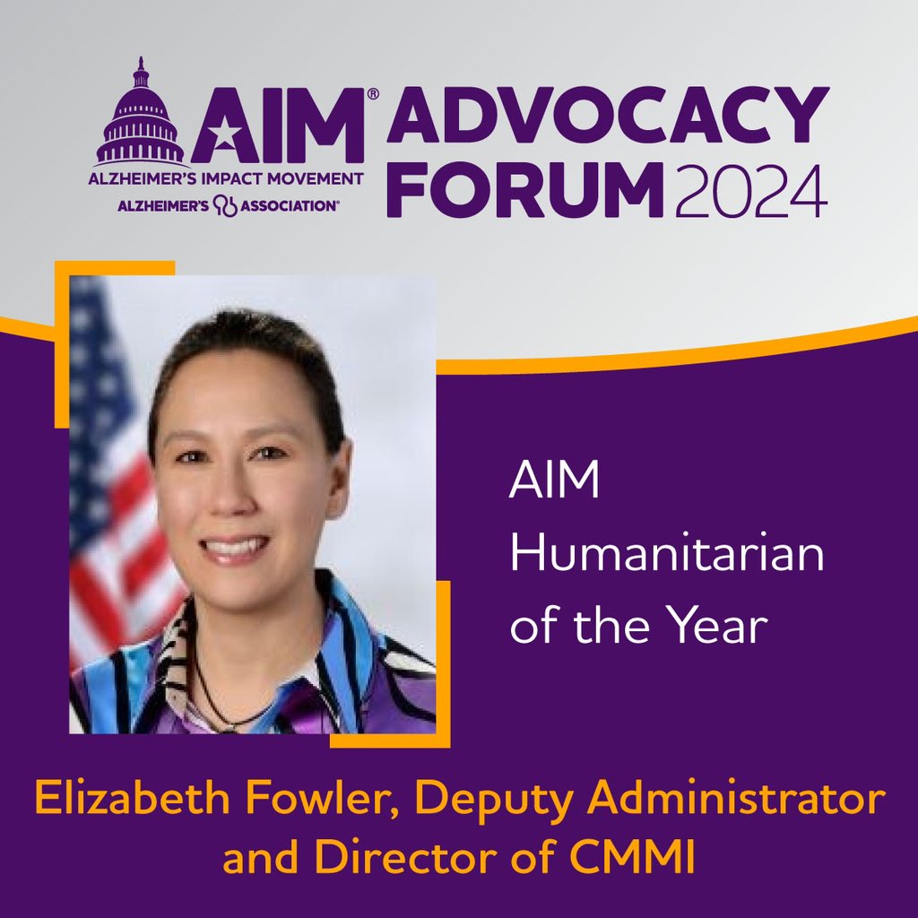 Elizabeth Fowler, deputy administrator and director of @CMSinnovates, has been named an AIM Humanitarian of the Year. Last year, @CMSgov introduced the GUIDE Model, a test initiative run through her center, to improve the way dementia care is delivered for people living with…