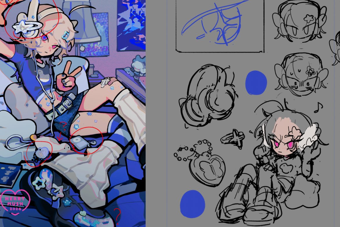 💙 STREAM ONLINE 🐰 ╰ twitch.tv/heartmush working on sticker sheet & other things...