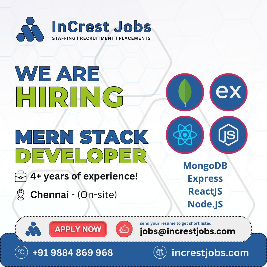 We are hiring a MERN Stack Developer to craft innovative and scalable web solutions using MongoDB, Express.js, React, and Node.js.

send your resume to jobs@increstjobs.com

#InCresting #InCrestJobs #MERNStackDeveloper #TechTalent #DeveloperJobs #HiringNow #ApplyToday