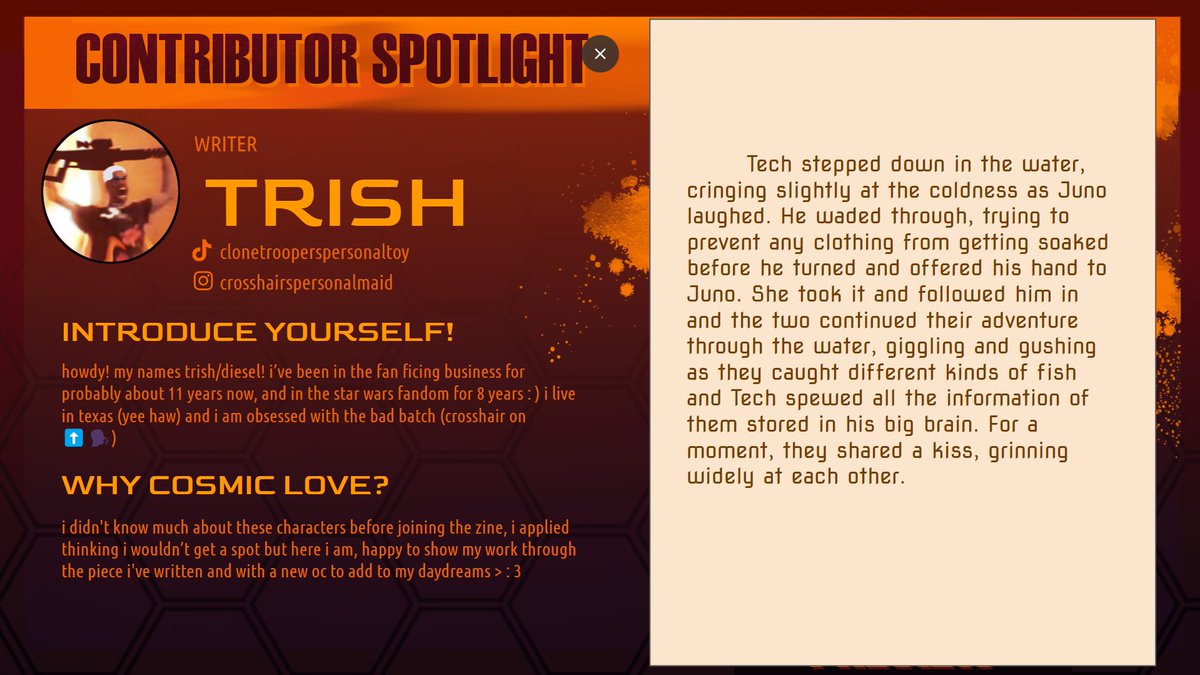 ⚡️CONTRIBUTOR SPOTLIGHT: Introducing Trish, one of our amazing writers!! Go follow them on Insta or TT!⚡️

Tech and Juno's relationship is explored through flashbacks, as Omega wonders what love is. 💕

Be sure to support us on KS! #TheBadBatch
