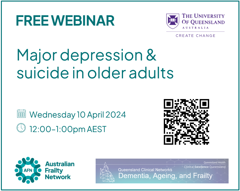 📅 Join us for the first Geriatric Seminar of 2024. A/Profs Anne Wand and @ajjuss will be presenting on ‘Major depression & suicide in older adults’. 🌐shorturl.at/uINTZ (Help is always available from Lifeline Australia: 13 11 14)