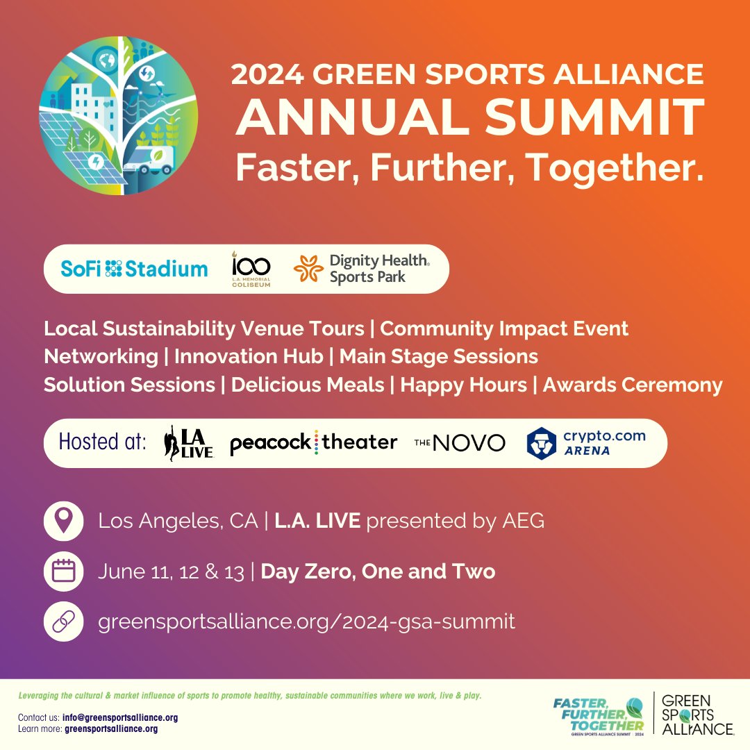 Join to unite sports, entertainment, and sustainability! 💚 June 11-13 in L.A., Green Sports Alliance returns for the GSA Summit: Faster, Further, Together presented by #AEG Register by April 13th for Early Bird pricing! 🔗loom.ly/vItE0ZA #24gsasummit #fastertogether
