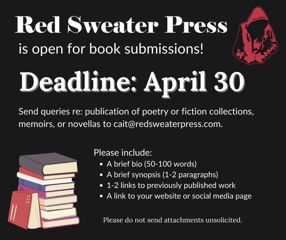 RedSweaterPress's tweet photo. April newsletter is out! Here are a few things we have going on:

- In-person reading/book launch for OBLIVESCENCE April 25 @SubtextBooks in MN
- Poetry Parley, April 17th, at The Writer's Block in Anchorage
- We're open for queries! Go to https://t.co/j3qMC26kuc for details. https://t.co/MPu88B5M3B