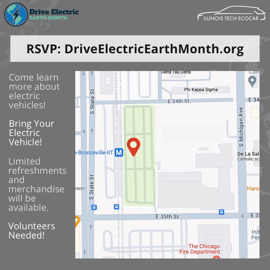 Come celebrate Drive Electric Earth Month with IIT EcoCAR in Bronzeville, Chicago on April 14th from 12-2PM. Come meet our team, see and learn about EVs or bring your own EV to show off! Please RSVP at driveelectricearthmonth.org ⚡️⚡️

#DEEM #driveelectric #driveelectricearthmonth