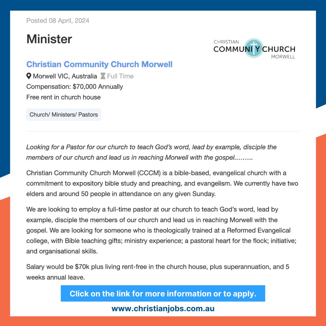 FEATURED JOB
For further information, click here: ow.ly/JC3l50RaXz0

#ChristianjobsAustralia #ChristianJobsAU #ChristianCareers #AussieChristians #ChristiansAustralia #ChurchJobsAustralia #ChurchJobs  #PastorJobs #Pastor #Ministry #VICJobs