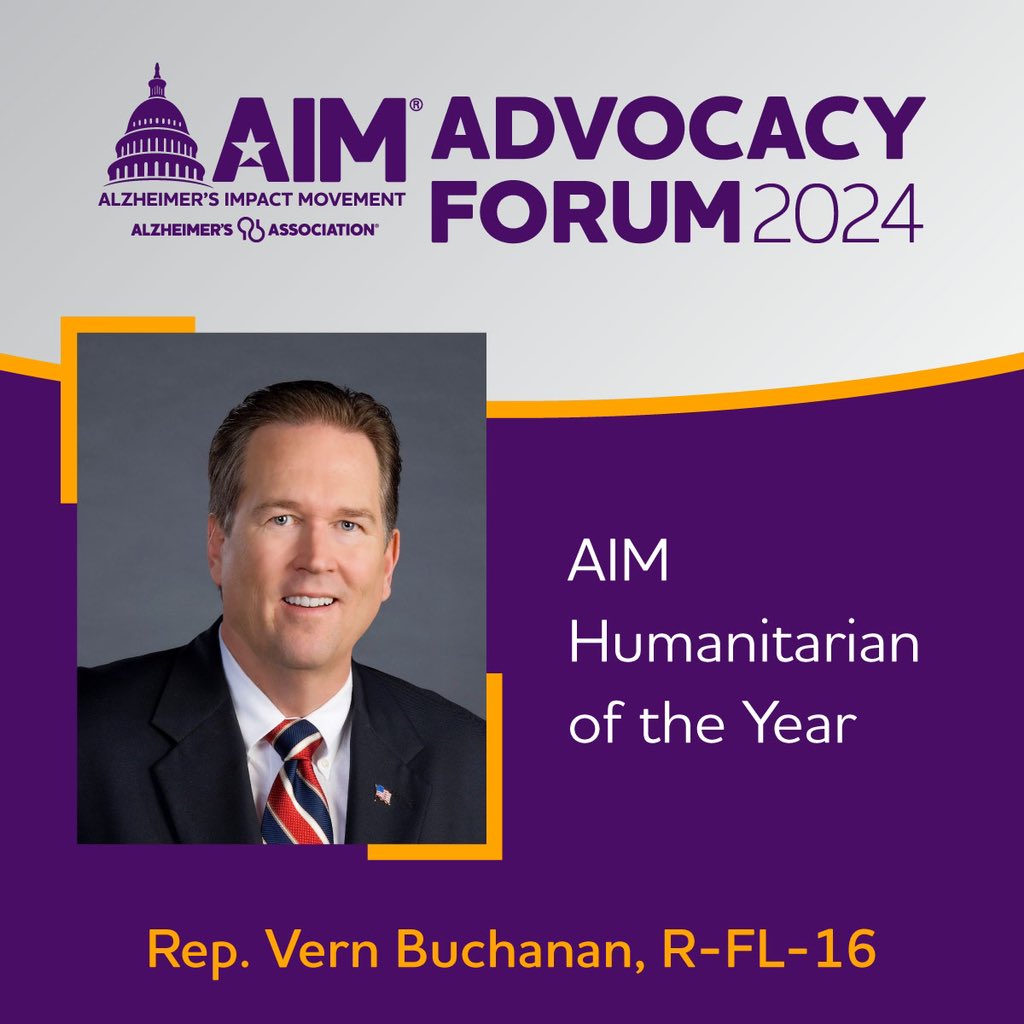 Congratulations to @VernBuchanan for being named a 2024 AIM Humanitarian of the Year! Thank you, Rep. Buchanan, for being an outstanding leader and longtime champion for people living with Alzheimer’s and other dementia.