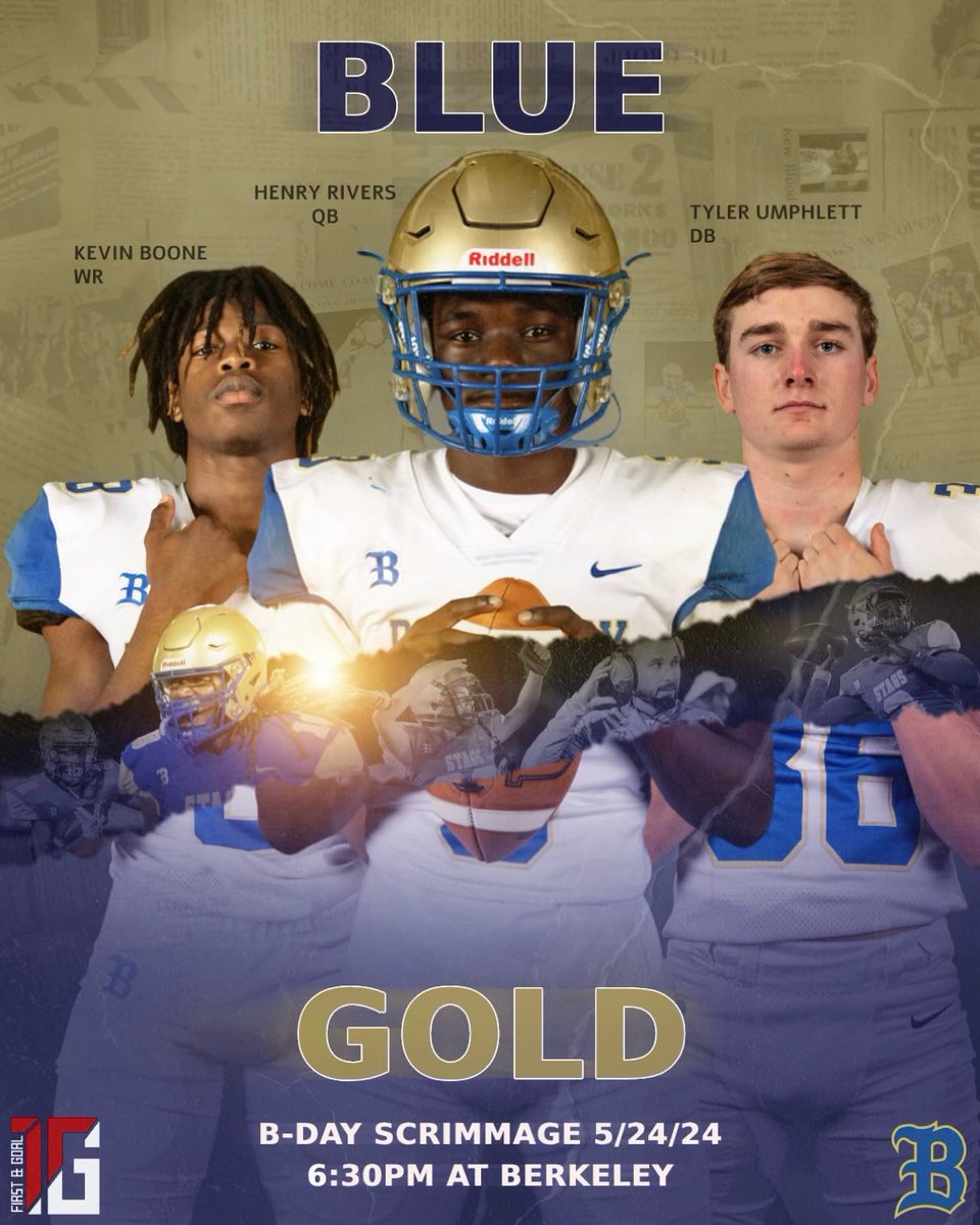 Mark your calendar. The greatest show in town is back! B-Day BLUE/GOLD scrimmage is May 24 at 6:30! College coaches, swing by Moncks Corner and see these playmakers in person! #BetterAtBerkeley #RecruitTheStags