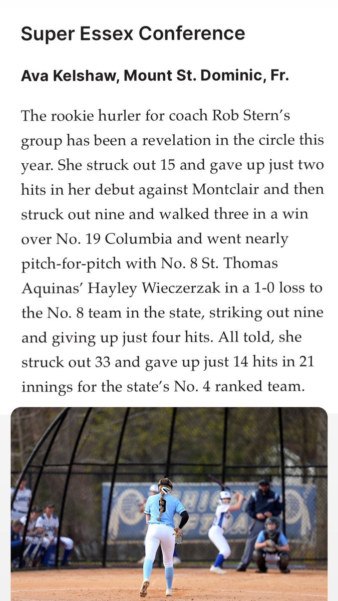 Thank you @Jake_Aferiat @HSSportsNJ for naming me Super Essex Conference player of the week. Go Lions! @MSDA_SB @MSDA_Lions @harleypitching @Diamond_Elite8 @NJPrideGold @ALLNJSoftball @fastpitchwatch