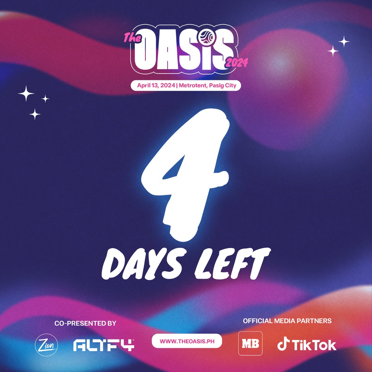 🛸 4 DAYS TO GO 🛸

T-Minus 4 days til' The OASIS arrives!

Tickets are almost SOLD OUT! Now is the perfect time to get your tickets.

Get your tickets here:
theoasis.ph

#TheOASIS2024 #SinceDayOne