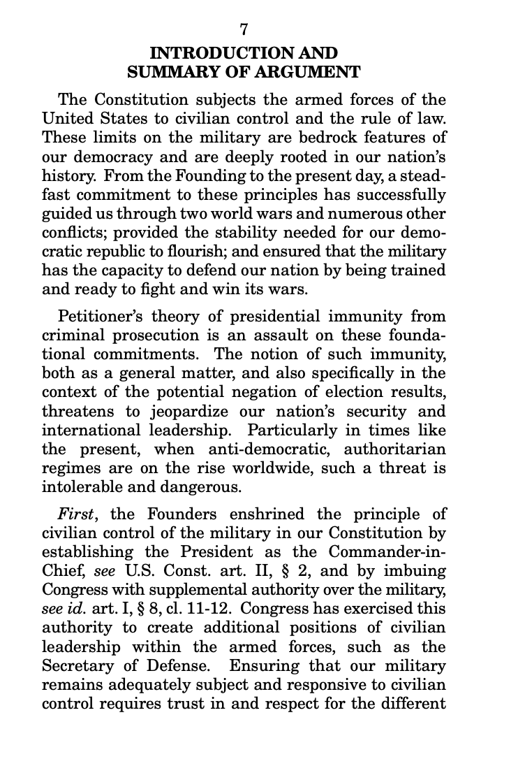 Nineteen retired generals and officials have filed a 38-page amicus brief with the Supreme Court opposing Trump’s immunity from criminal prosecution claim, saying Trump's immunity argument is 'an assault on...foundational commitments.' s3.documentcloud.org/documents/2453…