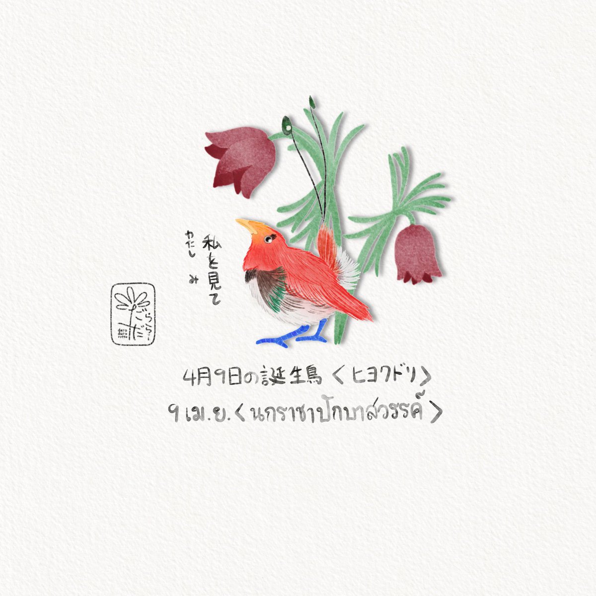 นกประจำวันเกิด 9 เมษายน
"นกราชาปักษาสวรรค์”
"ดูฉันสิ"

4月9日の誕生鳥　"ヒヨクドリ"
“私(わたし)を見(み)て”

April 9th of birthday bird
“King bird-of-paradise”
"Look at me”

ดอกไม้วันเกิด 9 เม.ย 
"The narrow-leaf pasque-flower”
"หัวใจที่บริสุทธิ์”
4月9日 “オキナグサ"
"精神な心"
